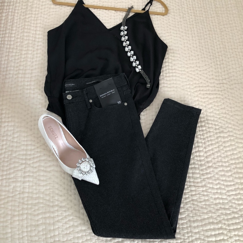 Banana Republic Metallic Mid-Rise Skinny Ankle Jeans Black Size 30 NWT